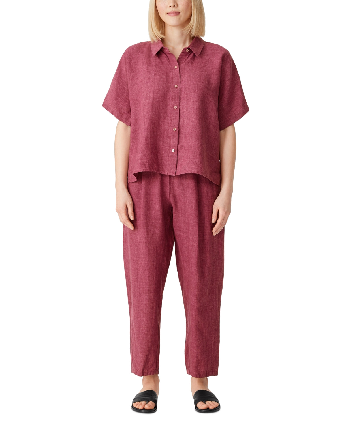 Camisa feminina Eileen Fisher com botões e gola clássica orgânica, vermelha, tamanho pequeno e pequeno