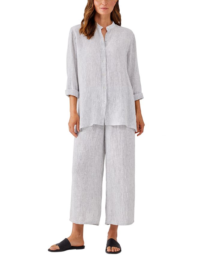 Camisa feminina Eileen Fisher de linho orgânico, manga comprida, azul, tamanho pequeno médio