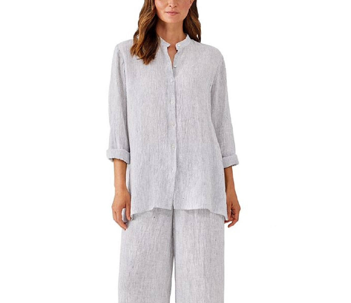 Camisa feminina Eileen Fisher de linho orgânico, manga comprida, azul, tamanho pequeno médio