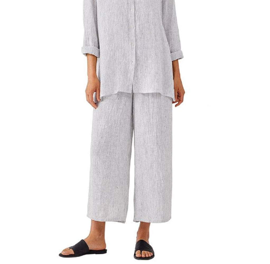 Camisa feminina Eileen Fisher de linho orgânico, manga comprida, azul, tamanho pequeno médio