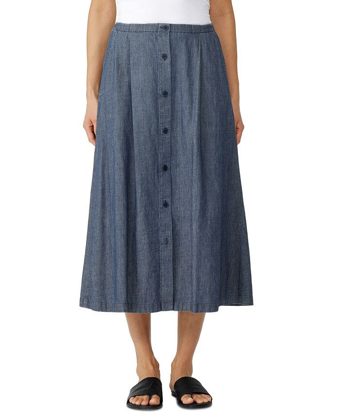 Saia midi evasê de algodão orgânico Eileen Fisher feminina, azul, tamanho grande