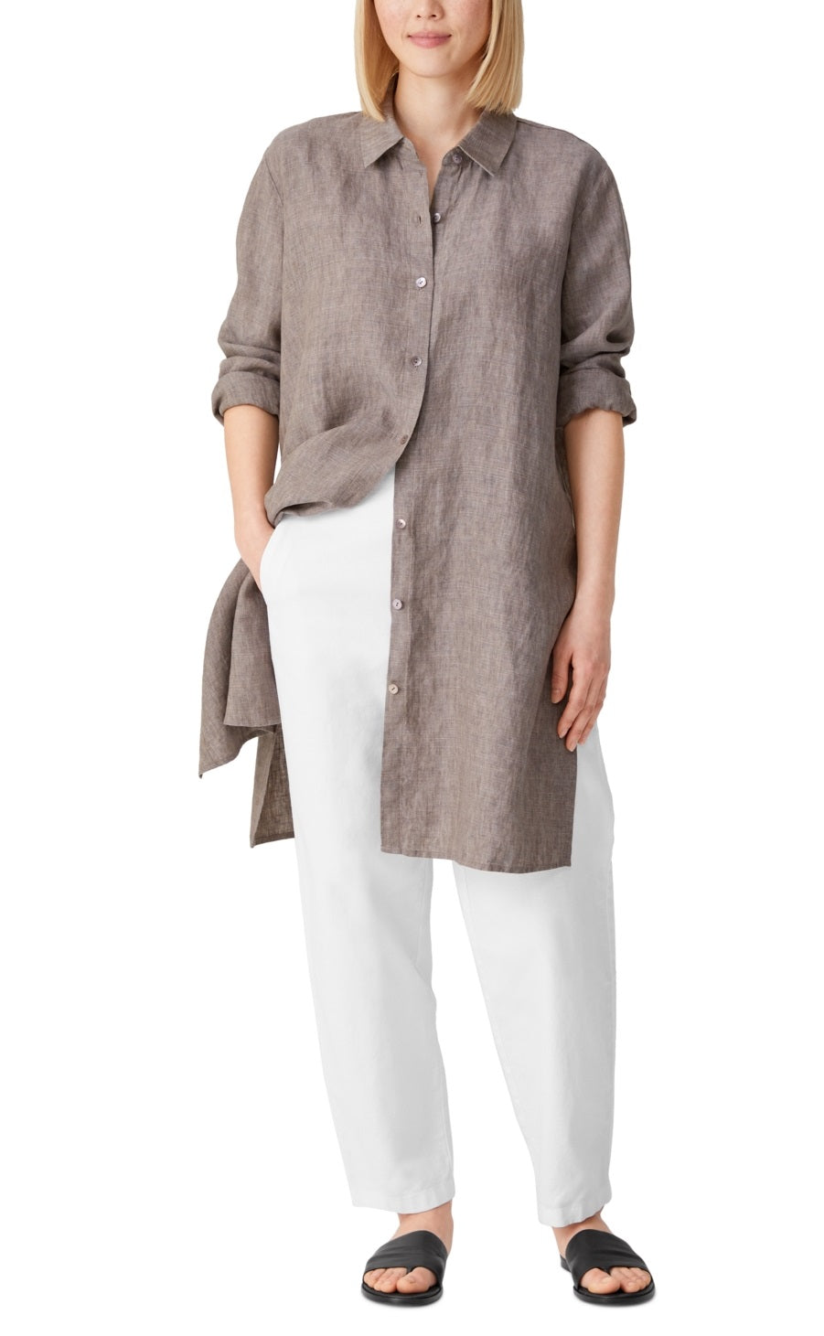 Camisa feminina Eileen Fisher com botões, gola clássica orgânica e fenda alta, tamanho pequeno, cinza