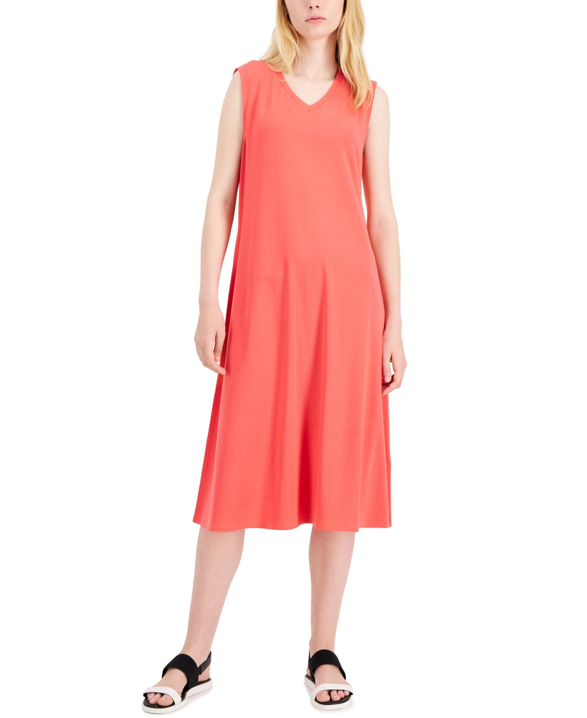 Vestido feminino Eileen Fisher sem mangas com decote em V, vermelho, tamanho pequeno grande
