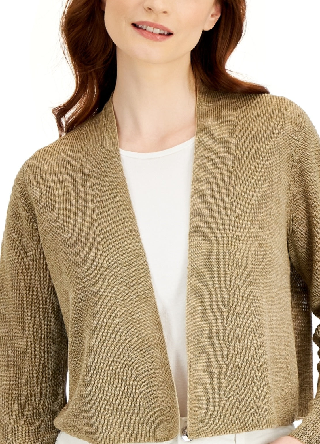 Cardigan feminino Eileen Fisher de linho orgânico com decote em V e frente aberta, marrom, tamanho XX-S