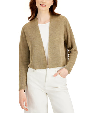 Cardigan feminino Eileen Fisher de linho orgânico com decote em V e frente aberta, marrom, tamanho XX-S
