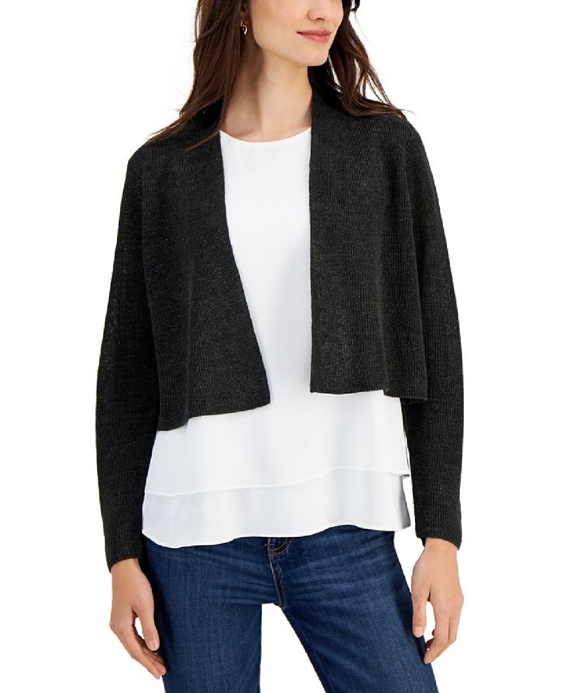 Cardigan feminino Eileen Fisher de linho orgânico com decote em V e frente aberta, verde, tamanho médio