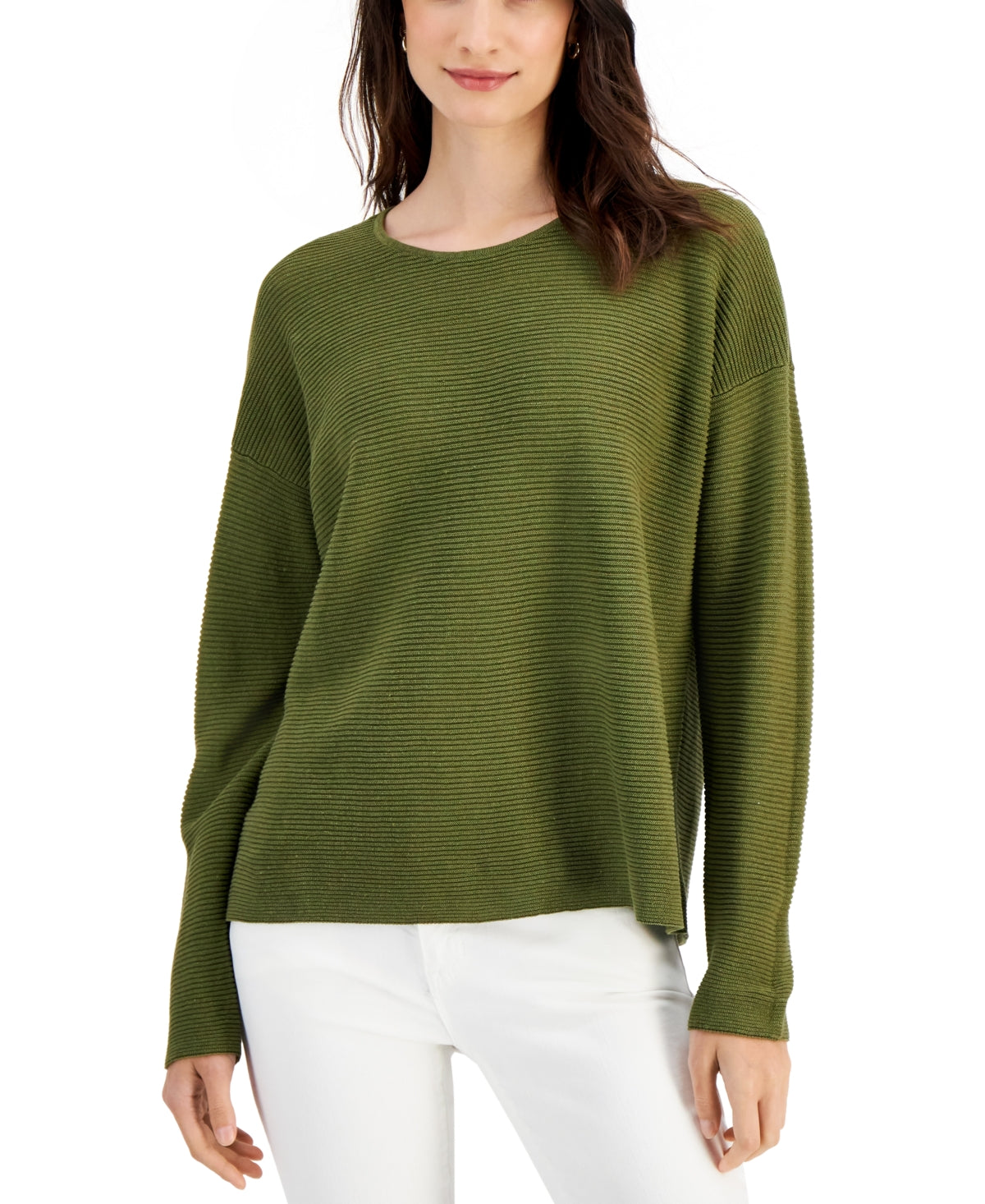 Blusa feminina Eileen Fisher com gola redonda orgânica, verde, tamanho médio