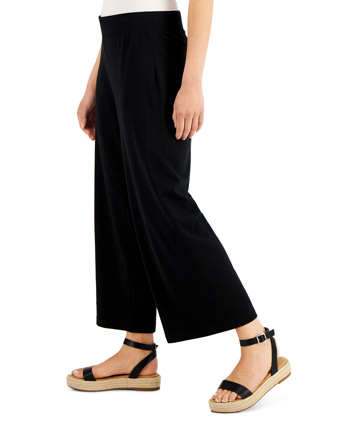 Calça cropped feminina Eileen Fisher, perna larga, preta, tamanho pequeno