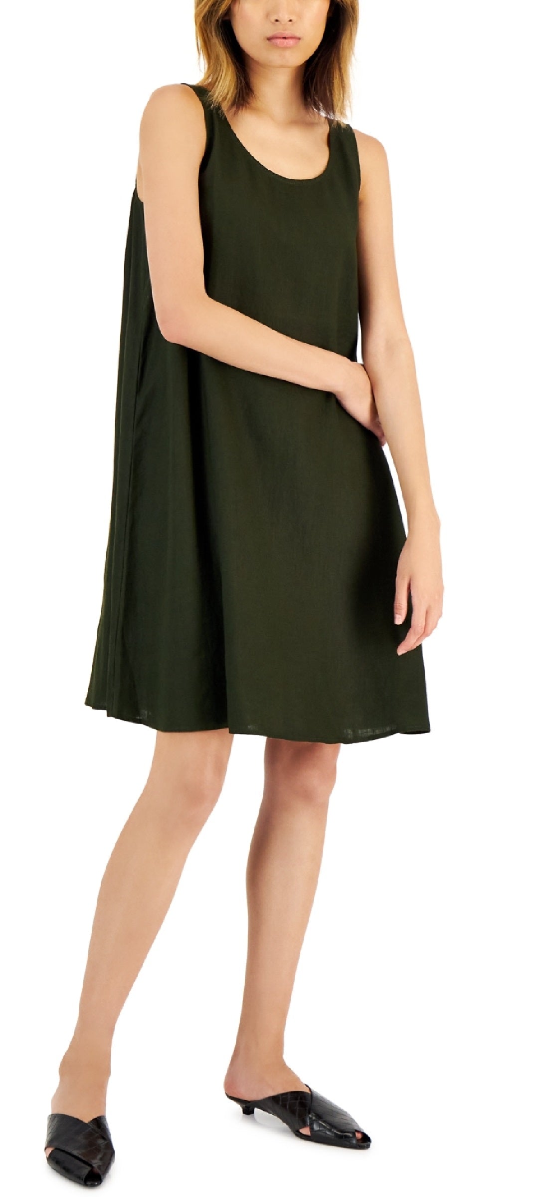 Vestido feminino Eileen Fisher de linho orgânico com decote redondo, verde, tamanho extragrande