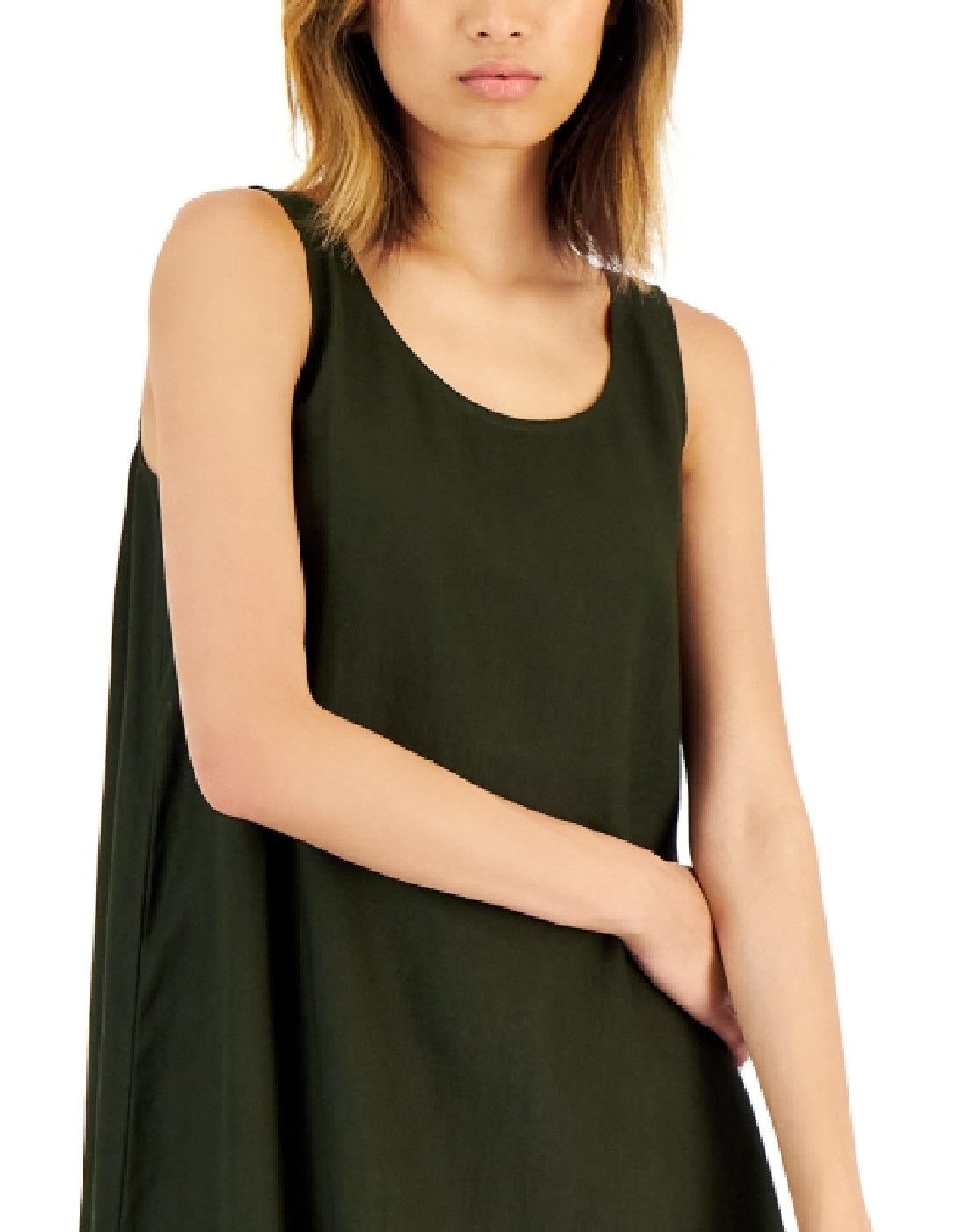 Vestido feminino Eileen Fisher de linho orgânico com decote redondo, verde, tamanho extragrande