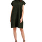 Vestido feminino Eileen Fisher de linho orgânico com gola mandarim e manga curta, verde, tamanho médio