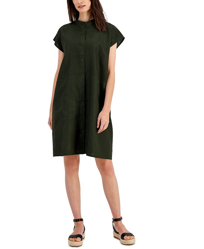 Vestido feminino Eileen Fisher de linho orgânico com gola mandarim e manga curta, verde, tamanho médio