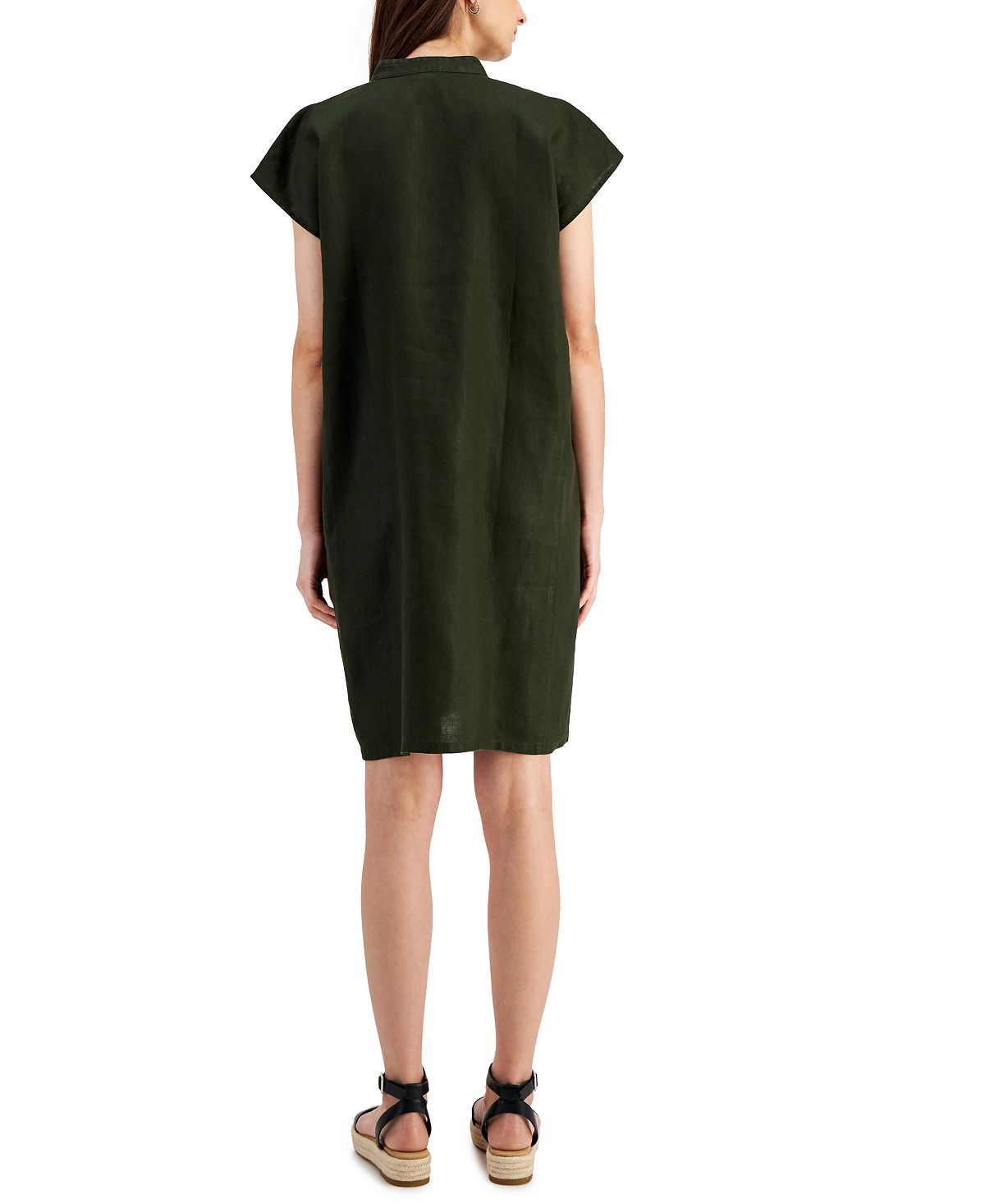 Vestido feminino Eileen Fisher de linho orgânico com gola mandarim e manga curta, verde, tamanho médio