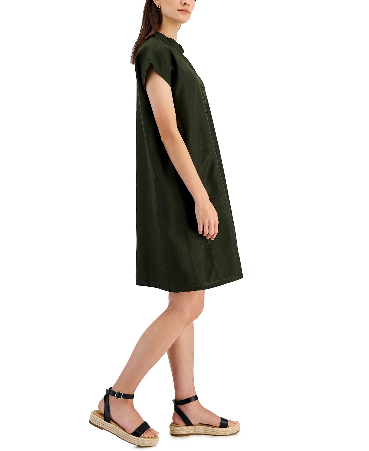 Vestido feminino Eileen Fisher de linho orgânico com gola mandarim e manga curta, verde, tamanho médio