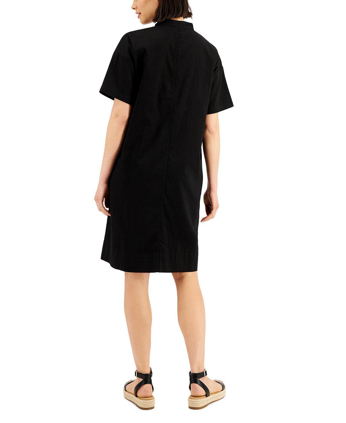 Vestido-camisa feminino Eileen Fisher de algodão orgânico com gola mandarim, preto, tamanho médio
