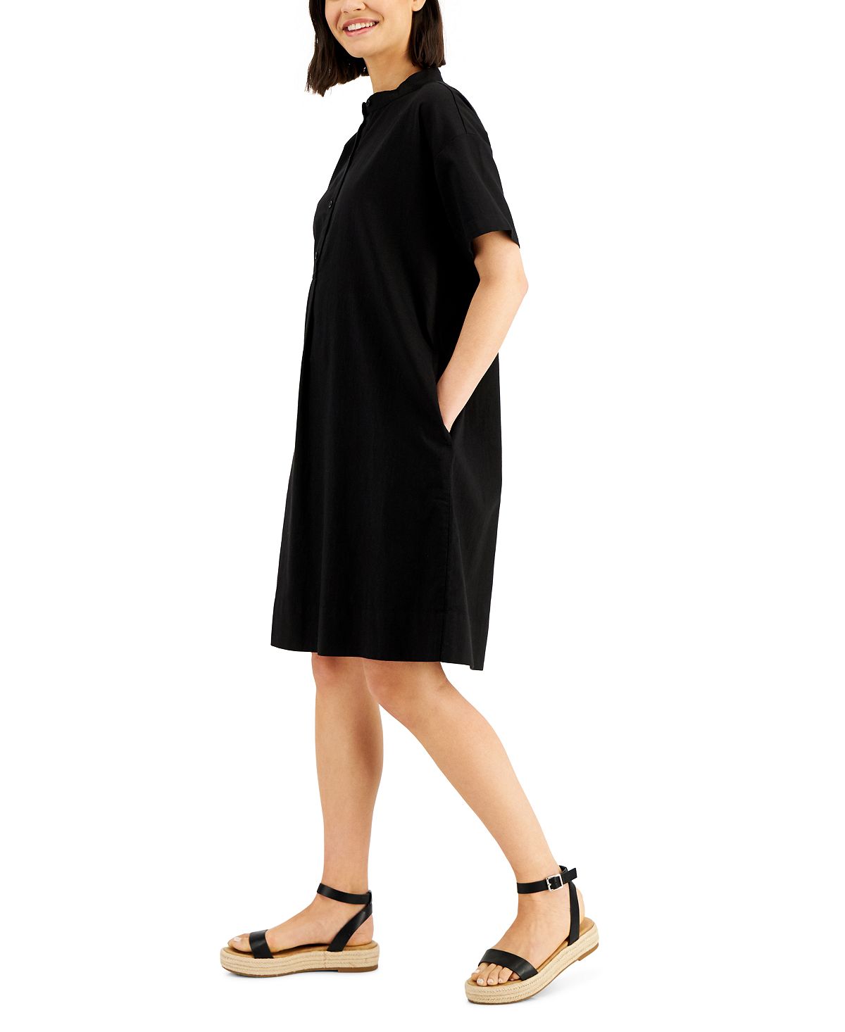 Vestido-camisa feminino Eileen Fisher de algodão orgânico com gola mandarim, preto, tamanho médio