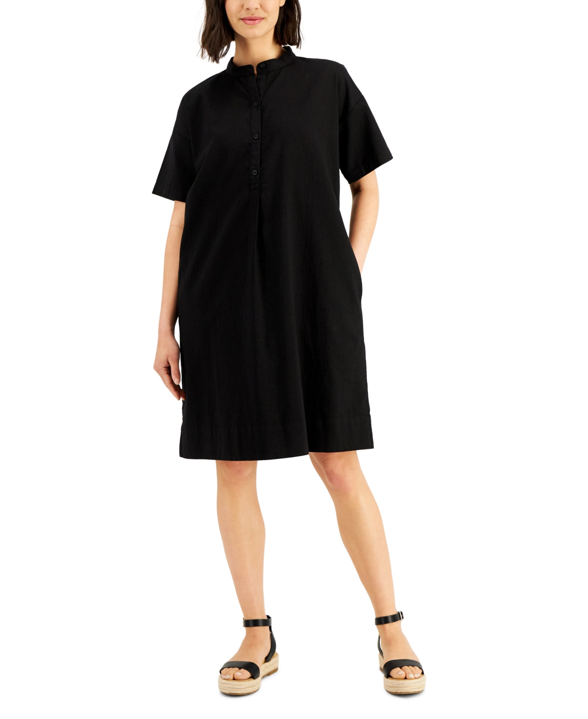 Vestido-camisa feminino Eileen Fisher de algodão orgânico com gola mandarim, preto, tamanho médio