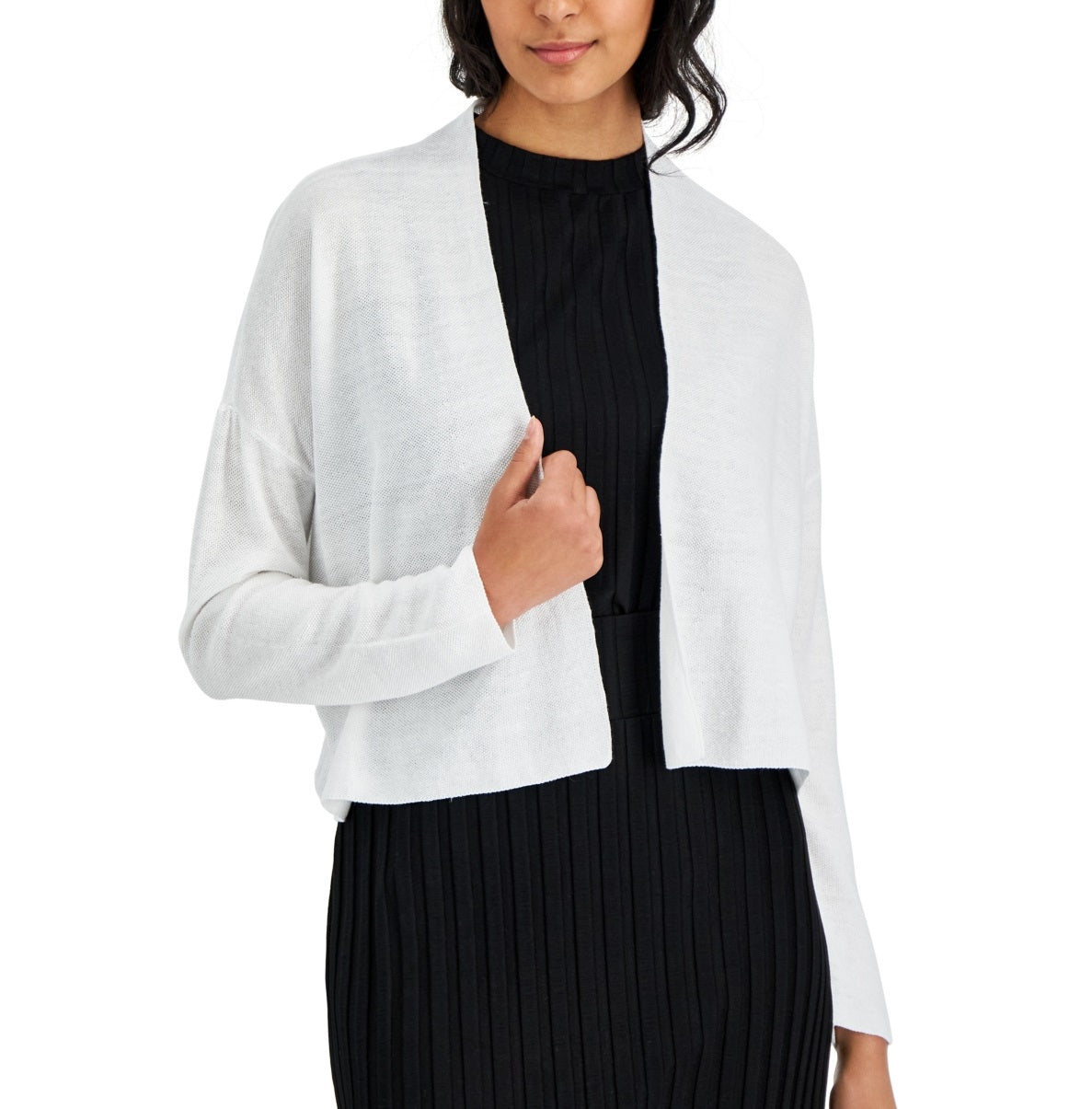 Cardigan curto feminino Eileen Fisher de linho orgânico e algodão, branco, tamanho extragrande