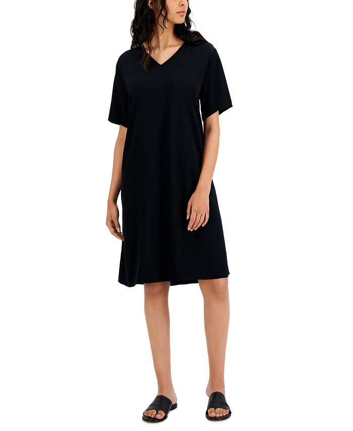 Vestido feminino Eileen Fisher com decote em V, preto, tamanho grande