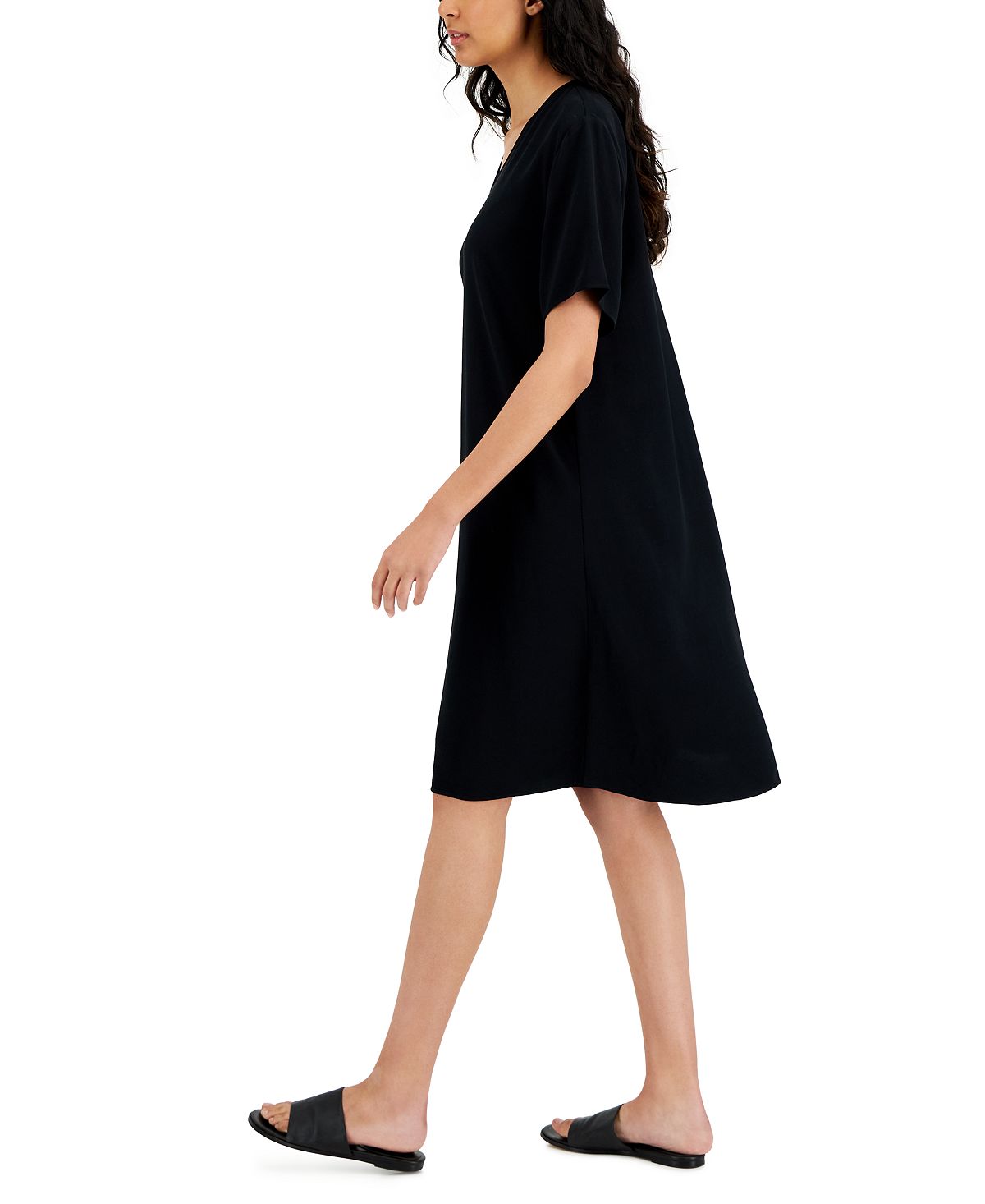 Vestido feminino Eileen Fisher com decote em V, preto, tamanho grande