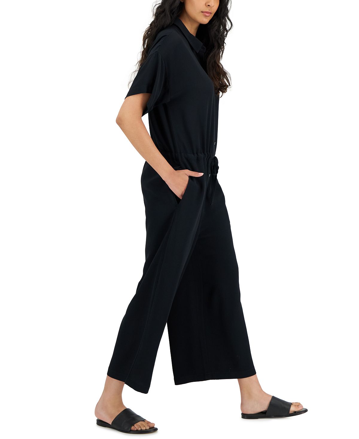 Macacão feminino Eileen Fisher com gola clássica, manga curta e perna larga, preto, tamanho extragrande