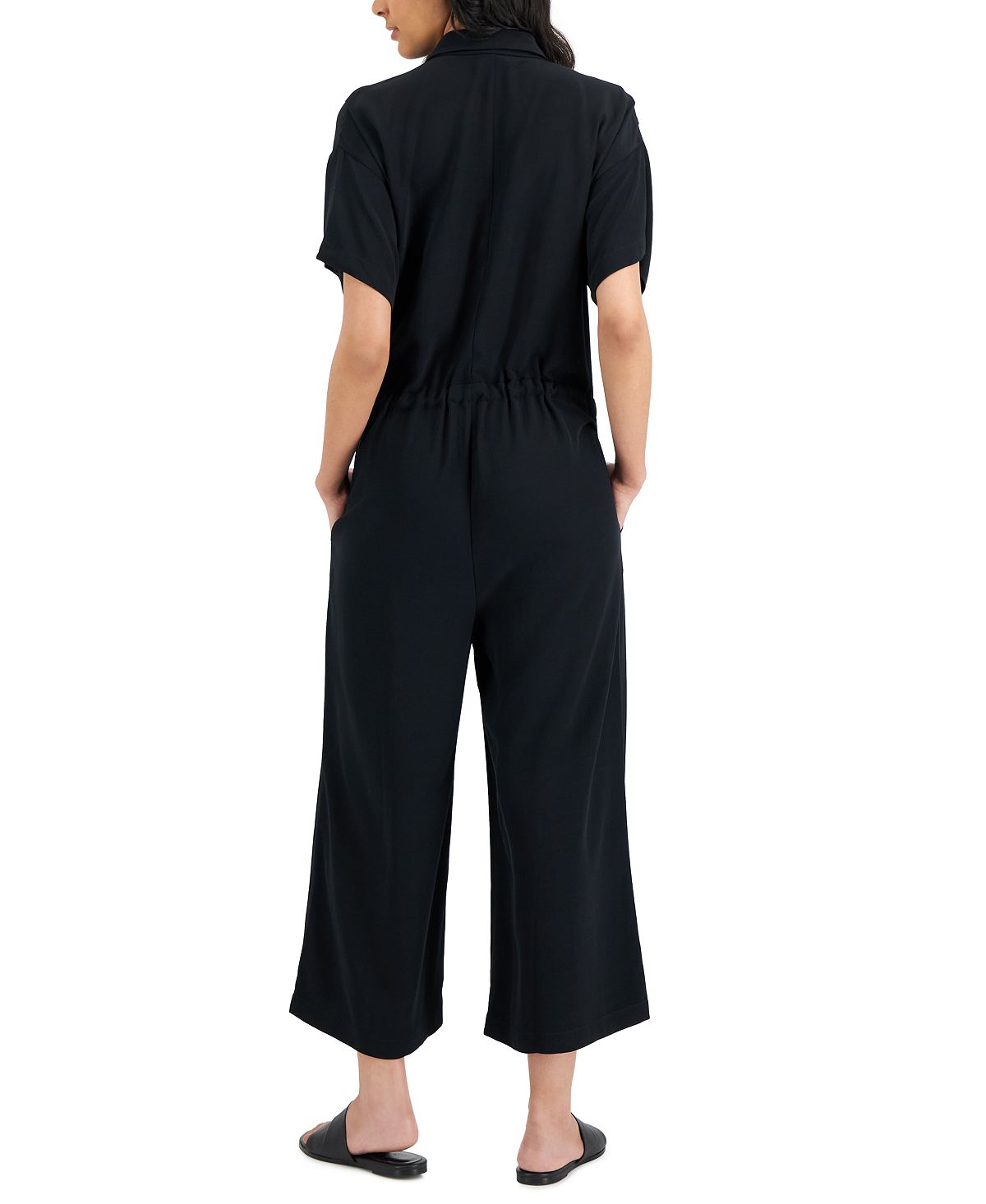 Macacão feminino Eileen Fisher com gola clássica, manga curta e perna larga, preto, tamanho extragrande