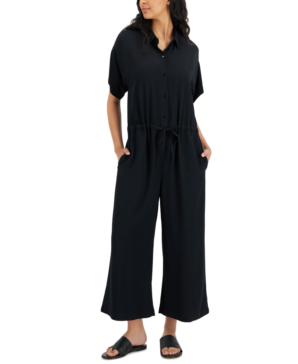 Macacão feminino Eileen Fisher com gola clássica, manga curta e perna larga, preto, tamanho extragrande