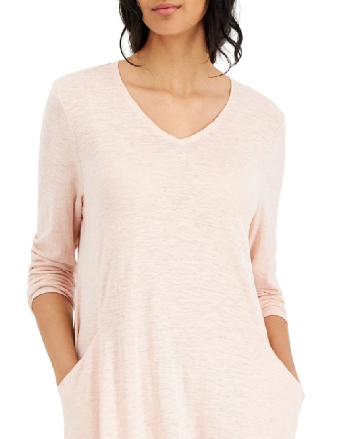 Vestido de malha feminino Eileen Fisher com decote em V e manga comprida, rosa, tamanho médio