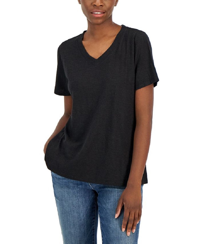 Camiseta feminina Eileen Fisher com decote em V e manga curta, preta, tamanho XX-S