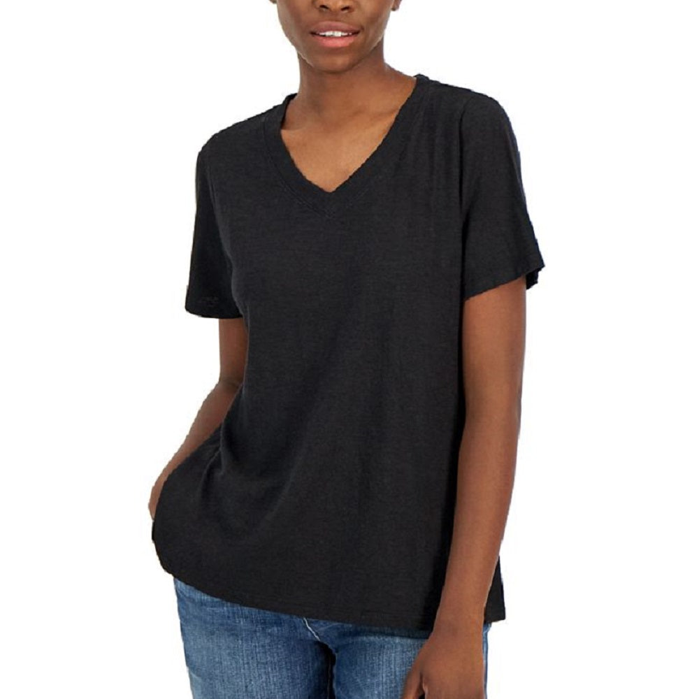 Camiseta feminina Eileen Fisher com decote em V e manga curta, preta, tamanho XX-S