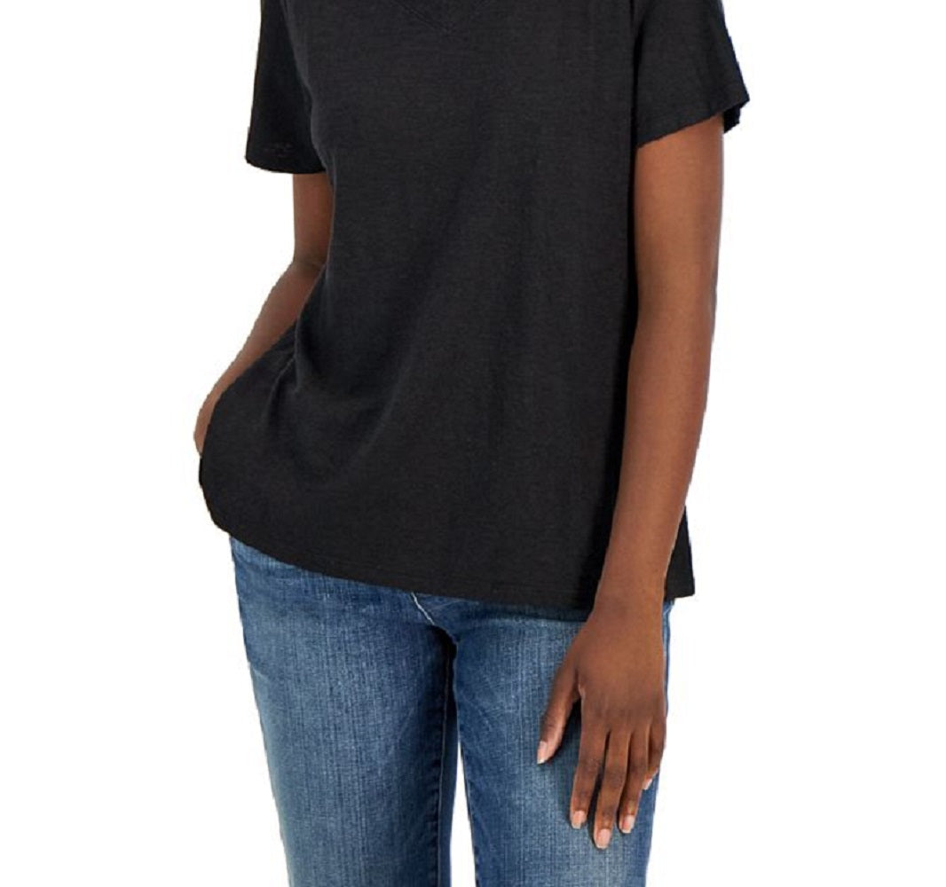 Camiseta feminina Eileen Fisher com decote em V e manga curta, preta, tamanho XX-S