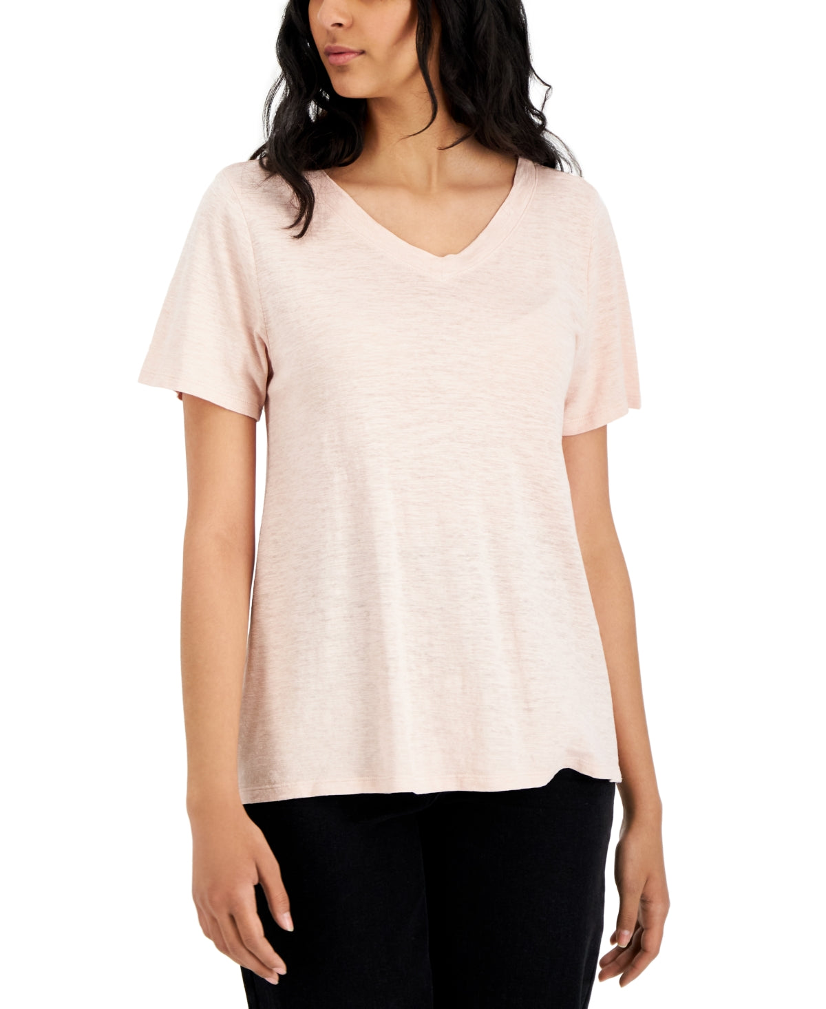 Camiseta feminina Eileen Fisher com decote em V e manga curta, rosa, tamanho médio