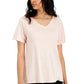 Camiseta feminina Eileen Fisher com decote em V e manga curta, rosa, tamanho médio