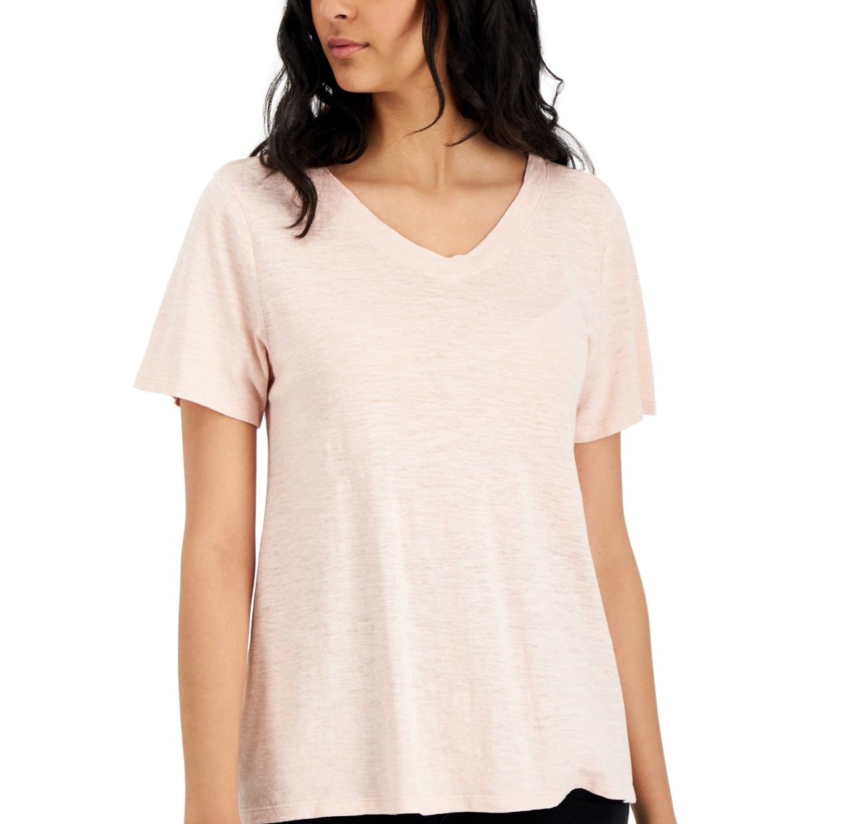 Camiseta feminina Eileen Fisher com decote em V e manga curta, rosa, tamanho médio