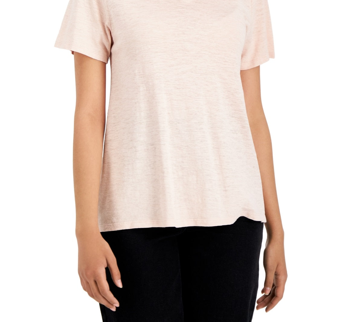 Camiseta feminina Eileen Fisher com decote em V e manga curta, rosa, tamanho médio