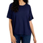 Camiseta feminina Eileen Fisher com gola redonda e estampa boxy, azul, tamanho X-S