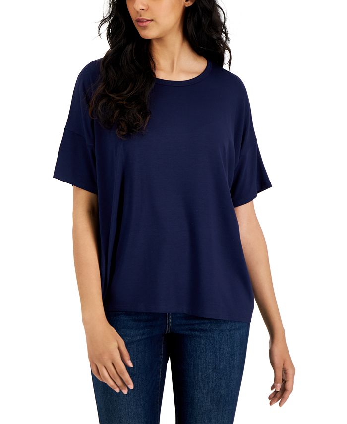 Camiseta feminina Eileen Fisher com gola redonda e estampa boxy, azul, tamanho X-S