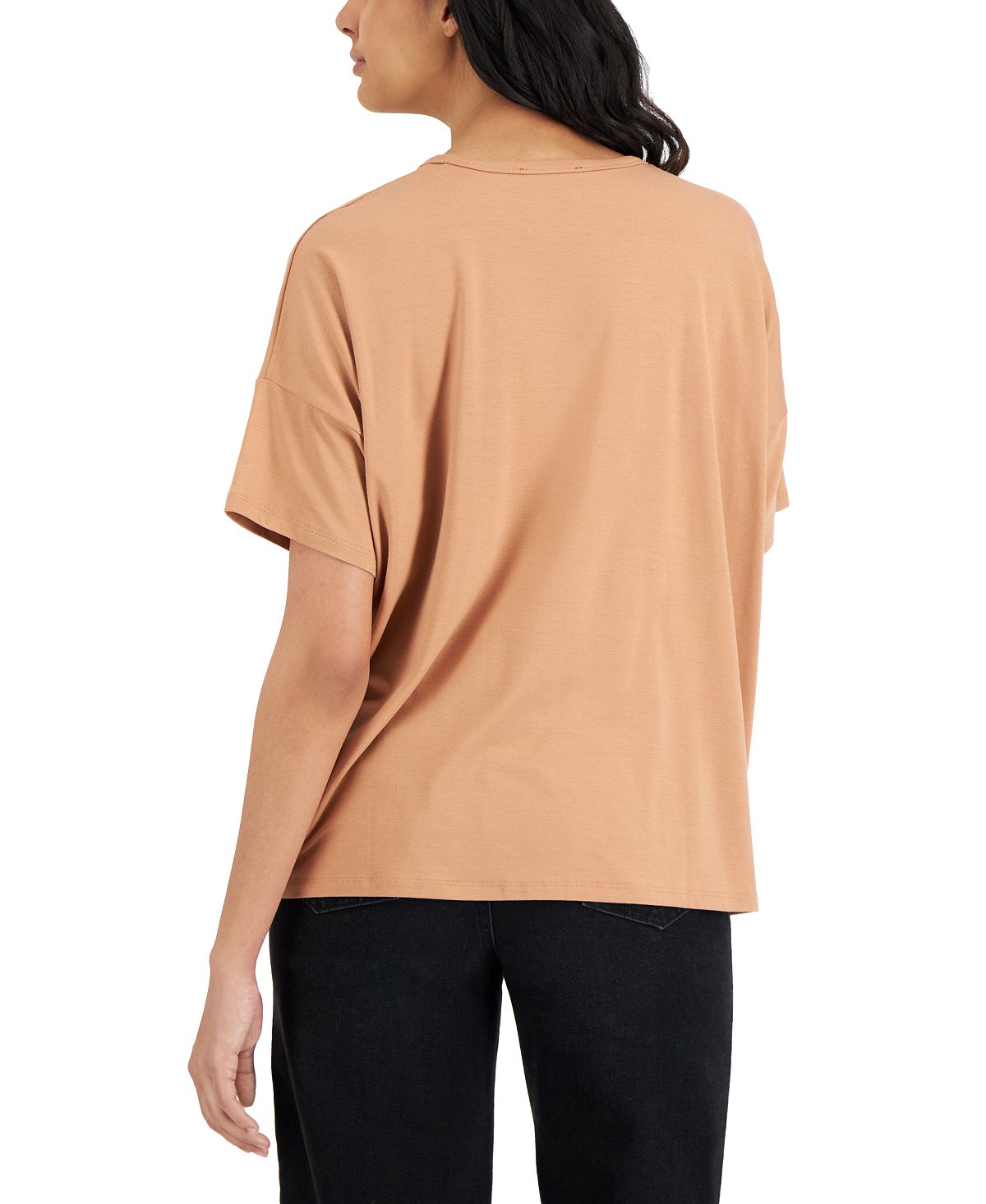 Camiseta feminina Eileen Fisher com gola redonda e manga curta, laranja, tamanho XS