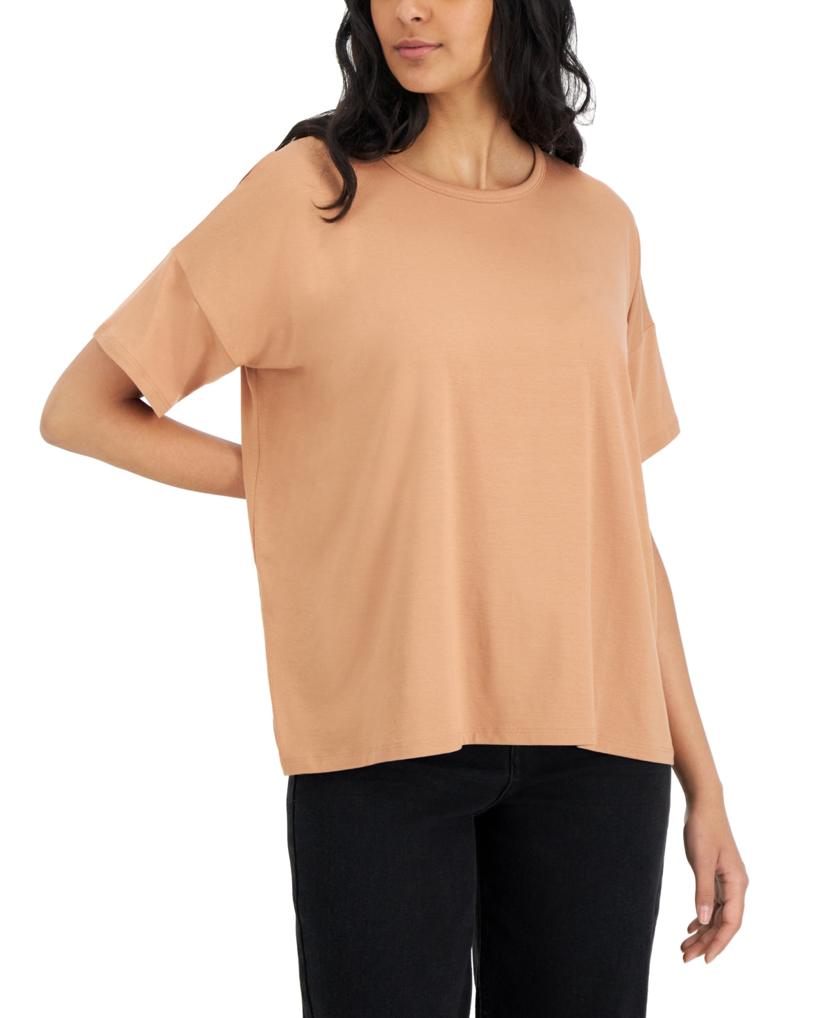 Camiseta feminina Eileen Fisher com gola redonda e manga curta, tamanho médio, laranja