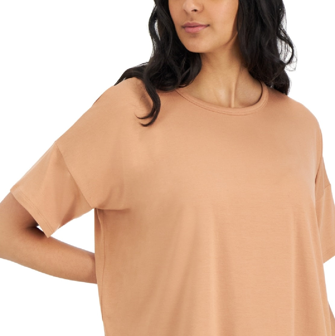 Camiseta feminina Eileen Fisher com gola redonda e manga curta, tamanho médio, laranja