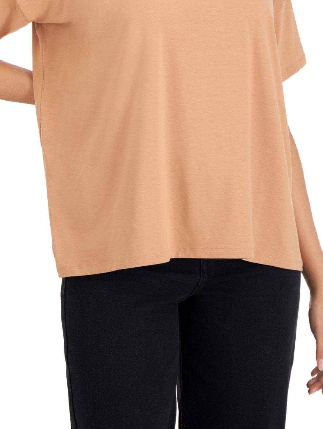 Camiseta feminina Eileen Fisher com gola redonda e manga curta, tamanho médio, laranja