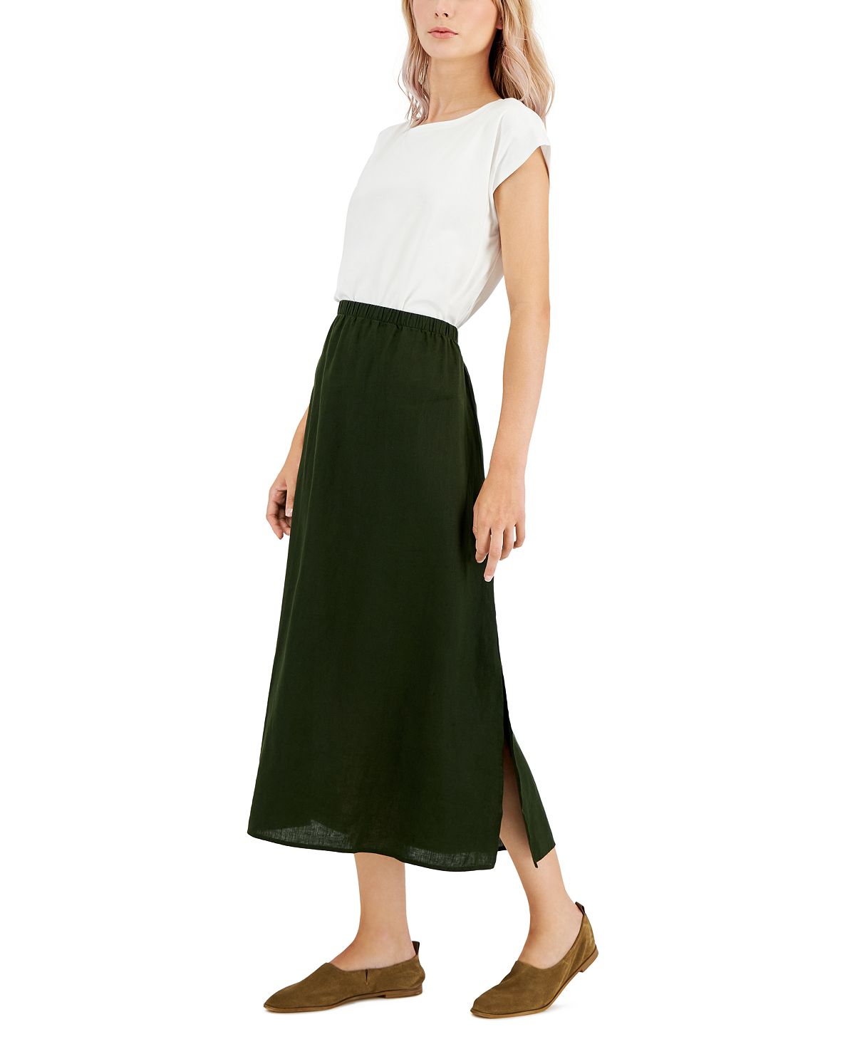 Saia de linho feminina Eileen Fisher, verde, tamanho grande