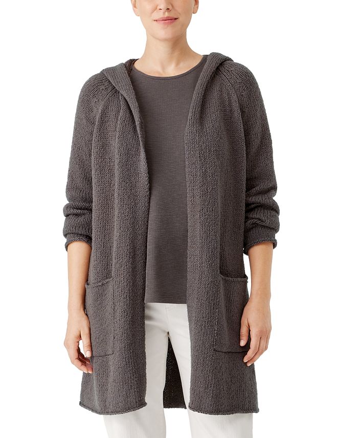 Cardigan longo de algodão com capuz feminino Eileen Fisher, marrom, tamanho XS