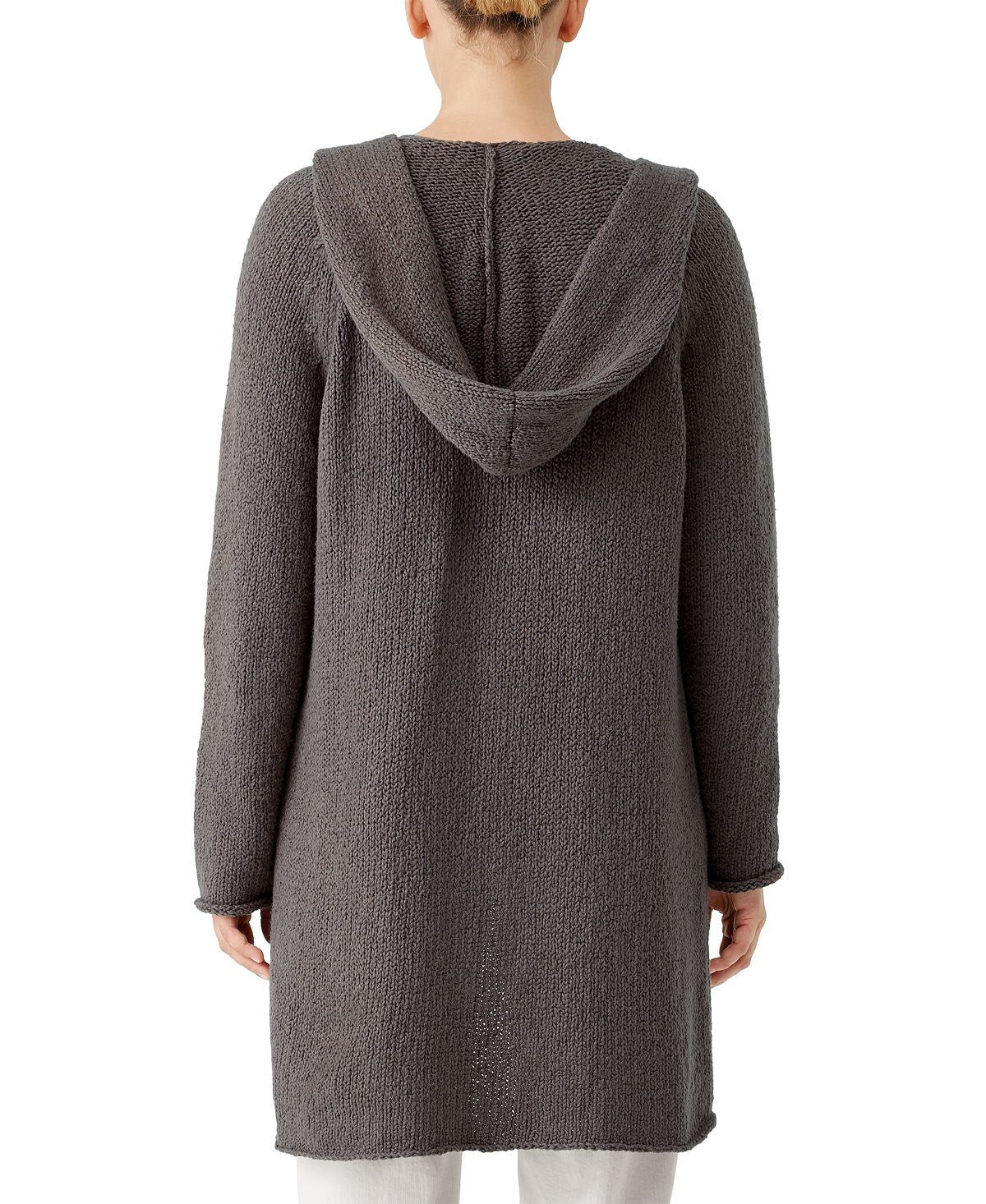 Cardigan longo de algodão com capuz feminino Eileen Fisher, marrom, tamanho XS