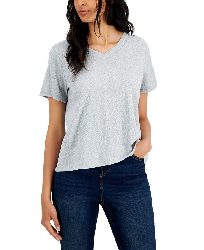 Camiseta feminina Eileen Fisher com decote em V e manga curta, cinza, tamanho grande
