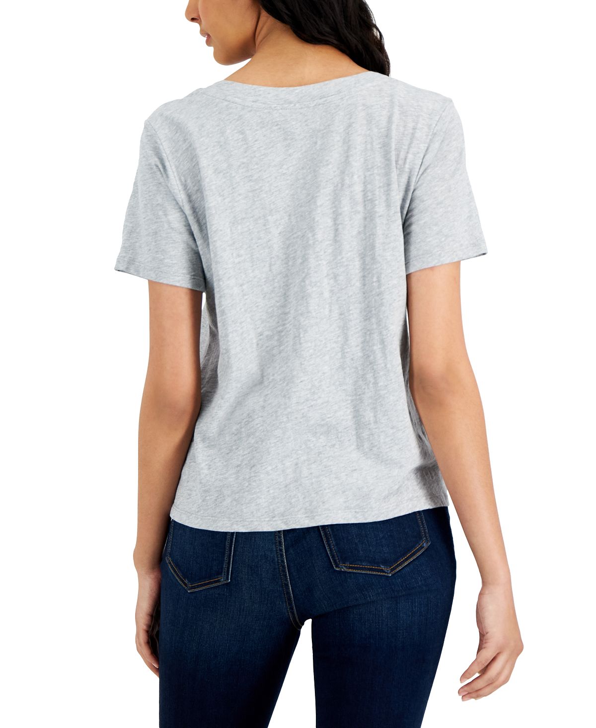 Camiseta feminina Eileen Fisher com decote em V e manga curta, cinza, tamanho grande