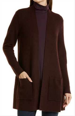 Cardigan feminino Eileen Fisher Cassis com bolso simples e remendo, tamanho XX-S