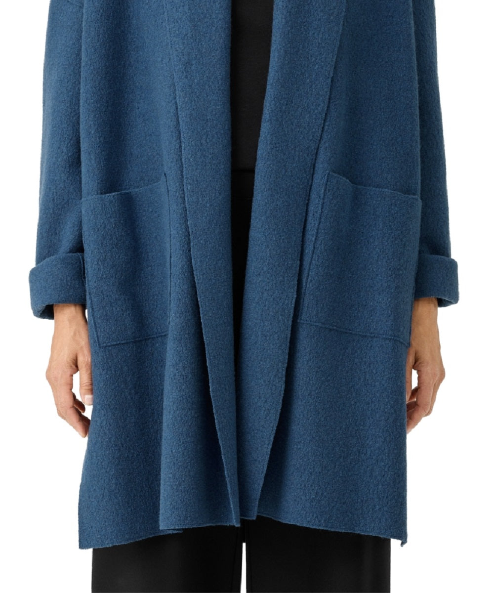 Jaqueta feminina Eileen Fisher de lã cozida com frente aberta, azul, tamanho grande