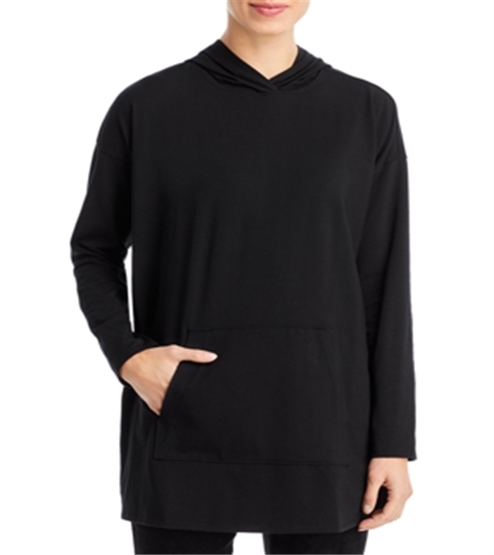 Túnica feminina Eileen Fisher com capuz e estampa boxy, preta, tamanho médio