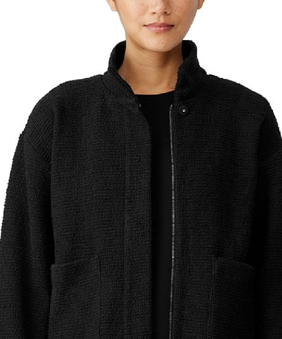 Jaqueta Eileen Fisher feminina com gola alta e bouclé, preta, tamanho X-S